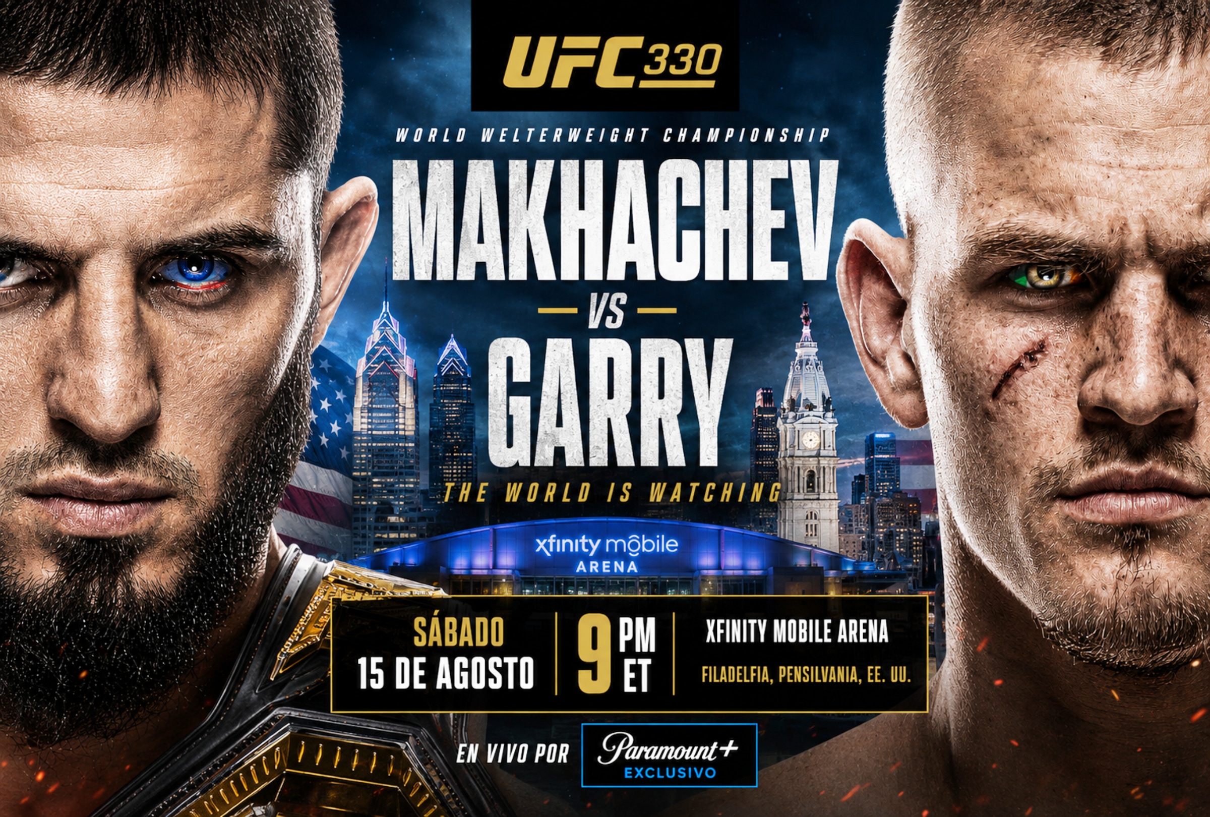 FILADELFIA (PENSILVANIA), 15/08/2026.- Lista de canales de televisión y servicios streaming para ver la pelea de Islam Makhachev vs. Ian Garry EN VIVO GRATIS ONLINE hoy por el cinturón peso wélter en la jaula de acero del Xfinity Mobile Arena de Filadelfia, Pensilvania. FOTO DE NOÉ YACTAYO CREADA CON IMÁGENES DE UFC.COM
