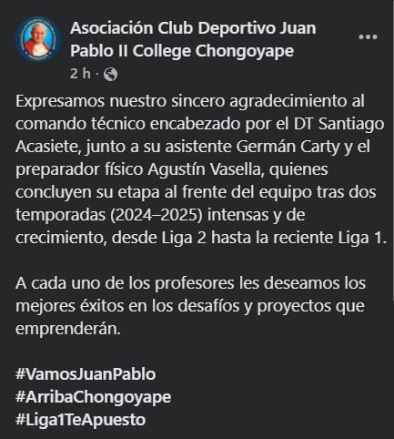 Juan Pablo II hizo oficial la salida del comando técnico en sus redes sociales. (Foto: Captura X)