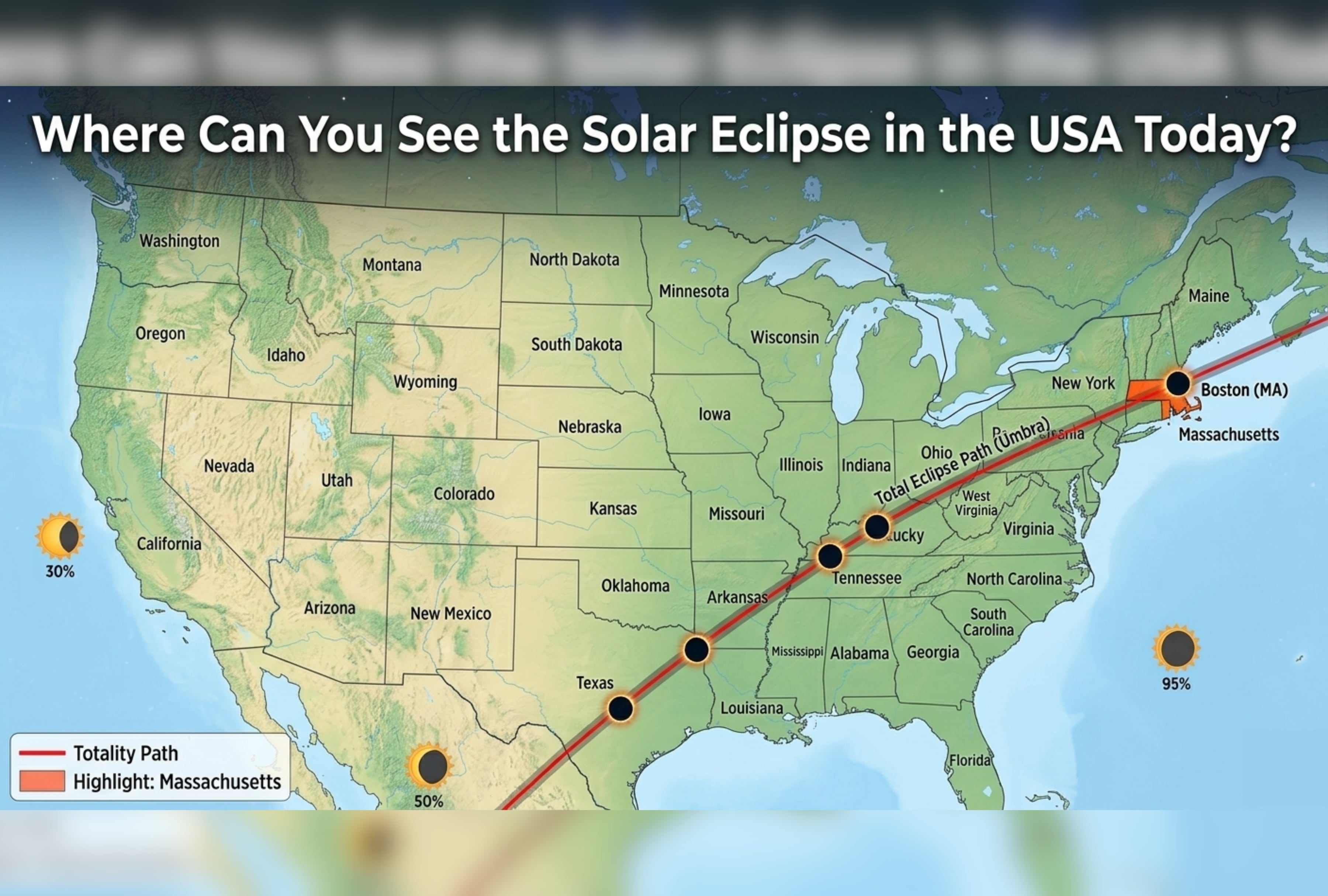 Overview of the top cities and states to observe the solar eclipse across the US today, August 12. Breakdown of partial visibility percentages and optimal viewing locations from Alaska to the Northeast. | Referencial image created by Depor using Gemini AI / GEC