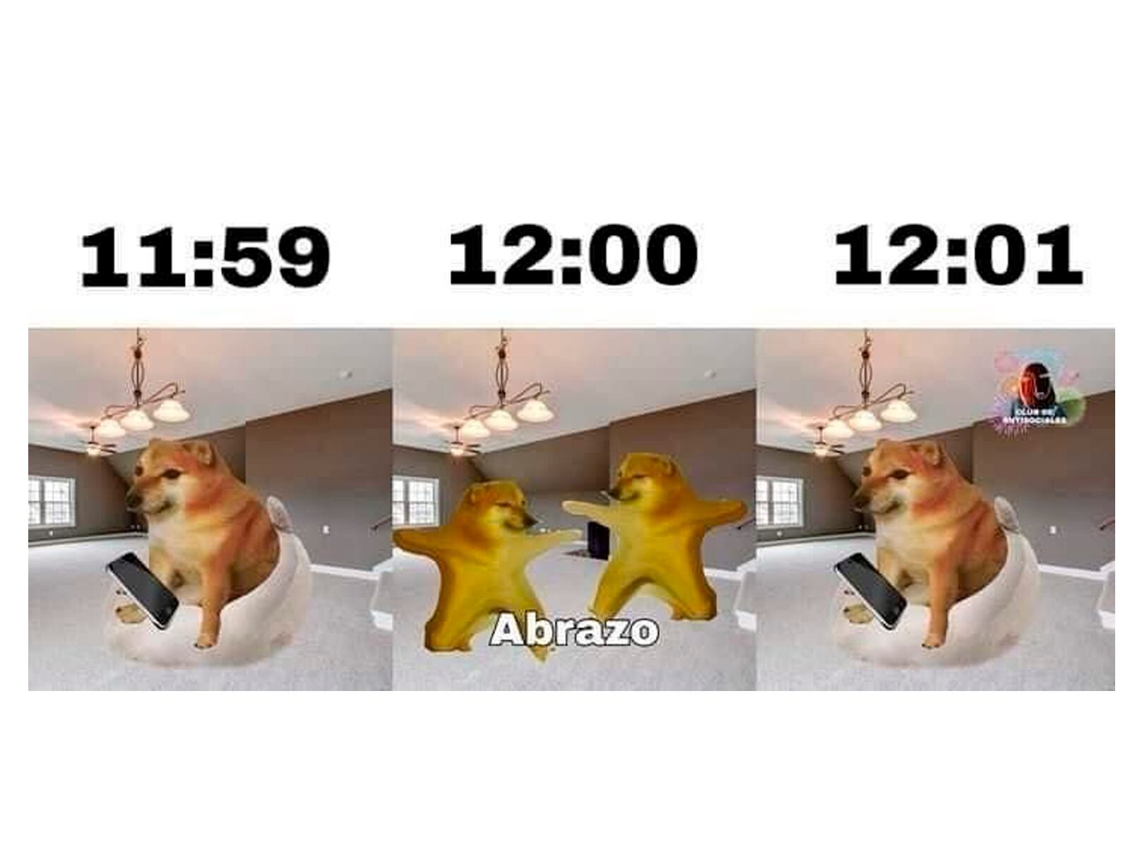 WHATSAPP | Algunos esperan las 12 para abrazar a la persona que esté cerca, para luego seguir en la rutina. (Foto: Facebook - Memes del perrito cheems)