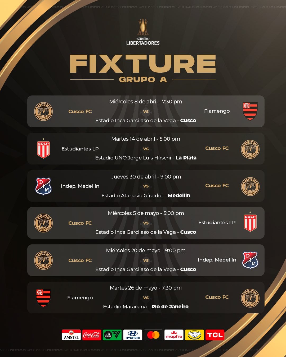 Cusco FC conoció a sus rivales: Flamengo, Estudiantes LP y el DIM. (Foto: Cusco FC)