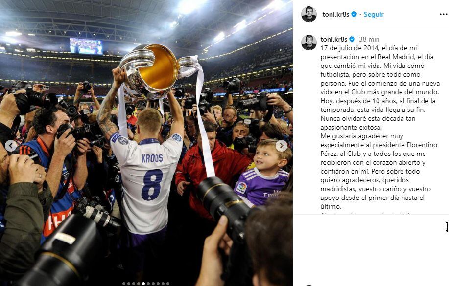 La carta de Kroos con la que anunció su retiro del fútbol. (Foto: Instagram de Toni Kroos)