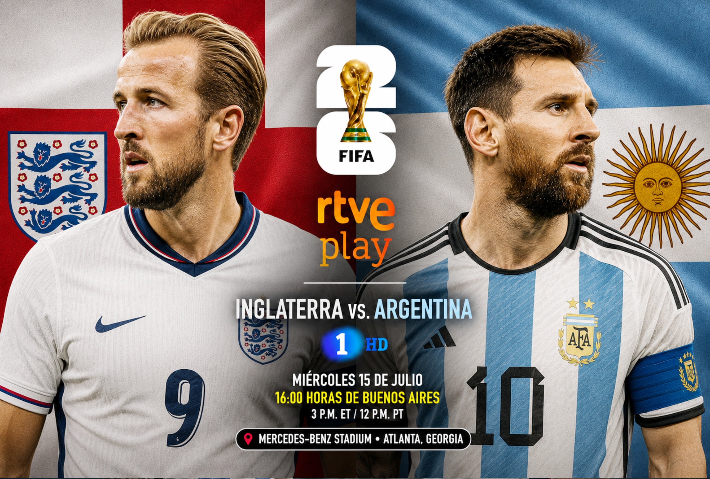 ATLANTA, GEORGIA (ESTADOS UNIDOS), 15/07/2026.- Cobertura oficial de RTVE PLAY MUNDIAL y Canal LA 1 HD EN DIRECTO ONLINE GRATIS para ver el partido Inglaterra — Argentina hoy por la semifinal del Mundial 2026 en el Mercedes Benz Stadium de Atlanta, Georgia. FOTO DE NOÉ YACTAYO