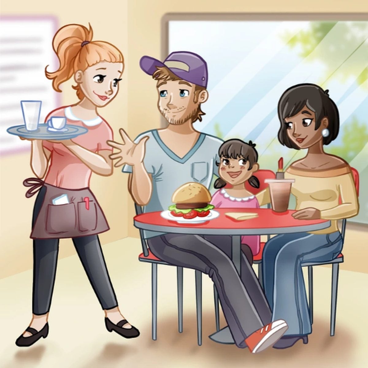 RETO VIRAL | Esta imagen muestra el momento en que una camarera atiende a una familia. En esa escena hay varios errores. (Foto: genial.guru)