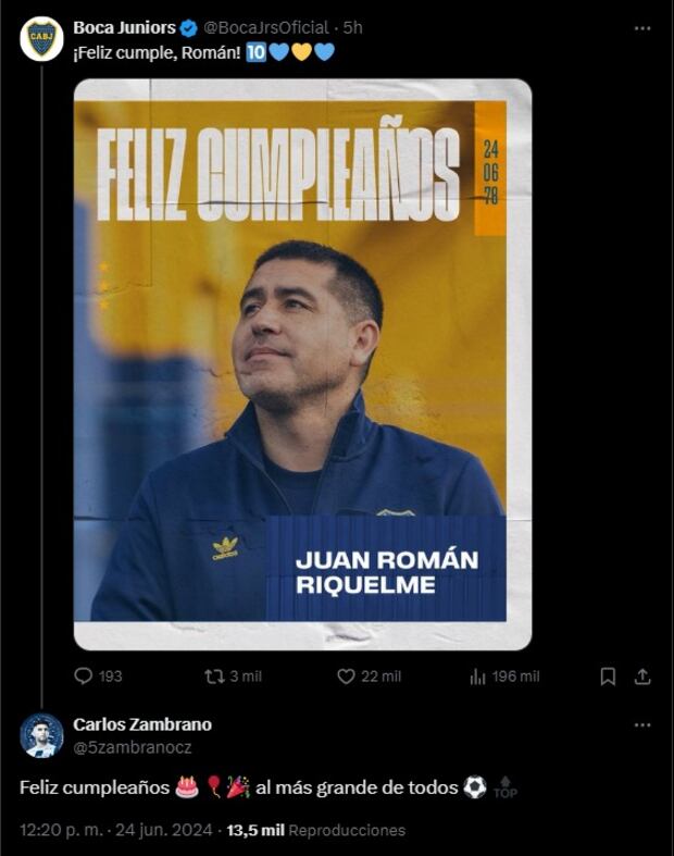Carlos Zambrano saludó a Juan Román Riquelme por su cumpleaños. (Foto: X)
