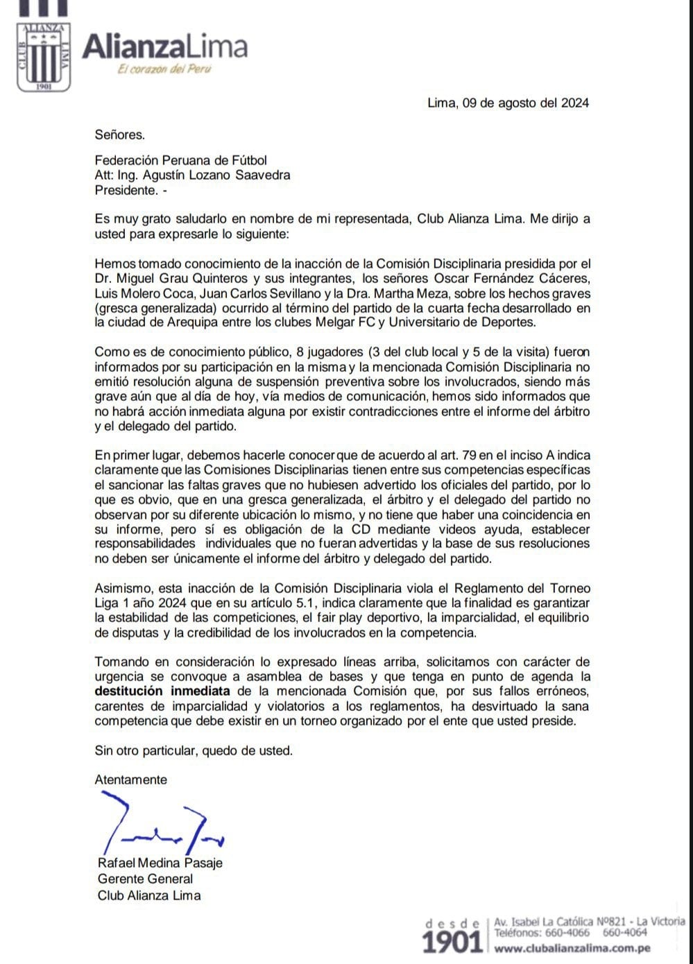 Carta de Alianza Lima al presidente de la Federación Peruana de Fútbol, Agustín Lozano. (Imagen: Alianza Lima)