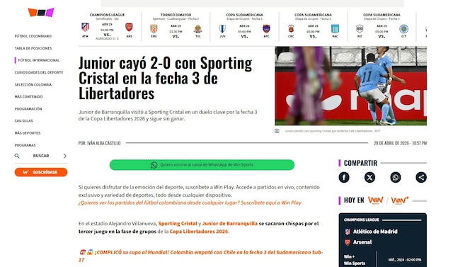 La reacción de la prensa colombiana al triunfo de Sporting Cristal sobre Junior de Barranquilla. (Imagen: Captura)