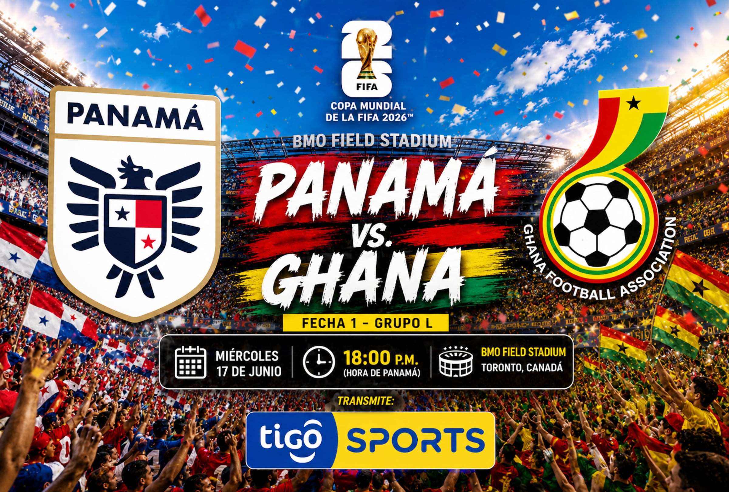 TORONTO (CANADÁ), 17/06/2026.- Cobertura oficial de TIGO SPORTS EN VIVO GRATIS para ver el partido Panamá vs. Ghana hoy por la fecha 1 del grupo L del Mundial 2026 en el BMO Field Stadium de Toronto, Canadá. FOTO DE NOÉ YACTAYO