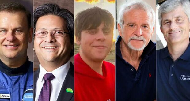 Los cincos pasajeros del submarino Titán, de izquierda a derecha: Hamish Harding, Suleman Dawood y su padre Shahzada Dawood, Paul-Henry Nargeolet y Stockton Rush (Foto: OceanGate)