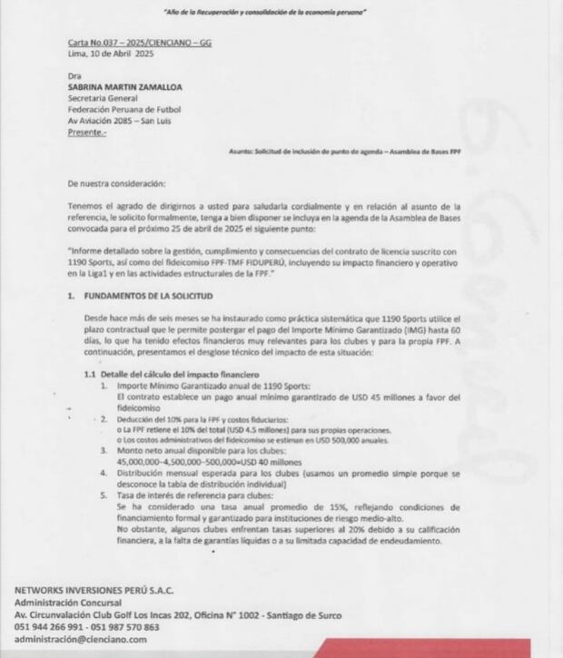El documento de Cienciano enviado a la FPF. (Imagen: Difusión)