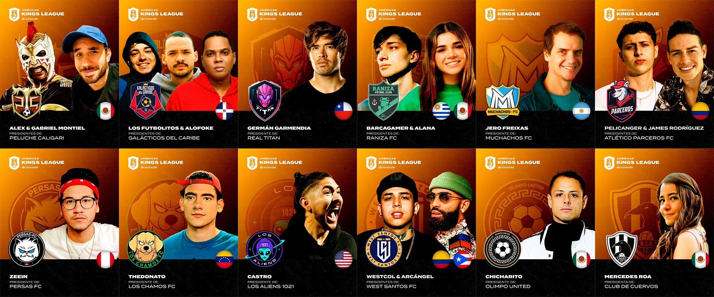 Presidentes de la Kings League Américas y los escudos de sus equipos.