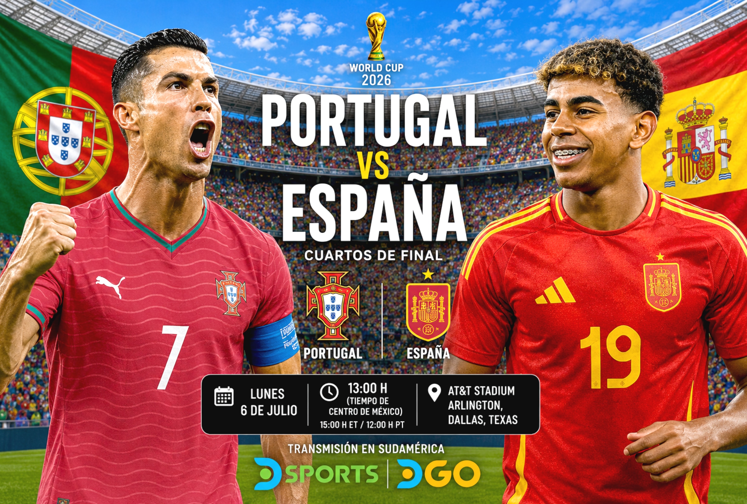 DALLAS, TEXAS (ESTADOS UNIDOS), 06/07/2026.- Cobertura oficial de DIRECTV Sports (DGO) EN VIVO ONLINE para ver la transmisión del partido Portugal vs. España hoy, con Cristiano Ronaldo y Lamine Yamal, por los octavos de final del Mundial 2026 en el AT&T Stadium de Arlington en Dallas, Texas (Estados Unidos). FOTO DE NOÉ YACTAYO