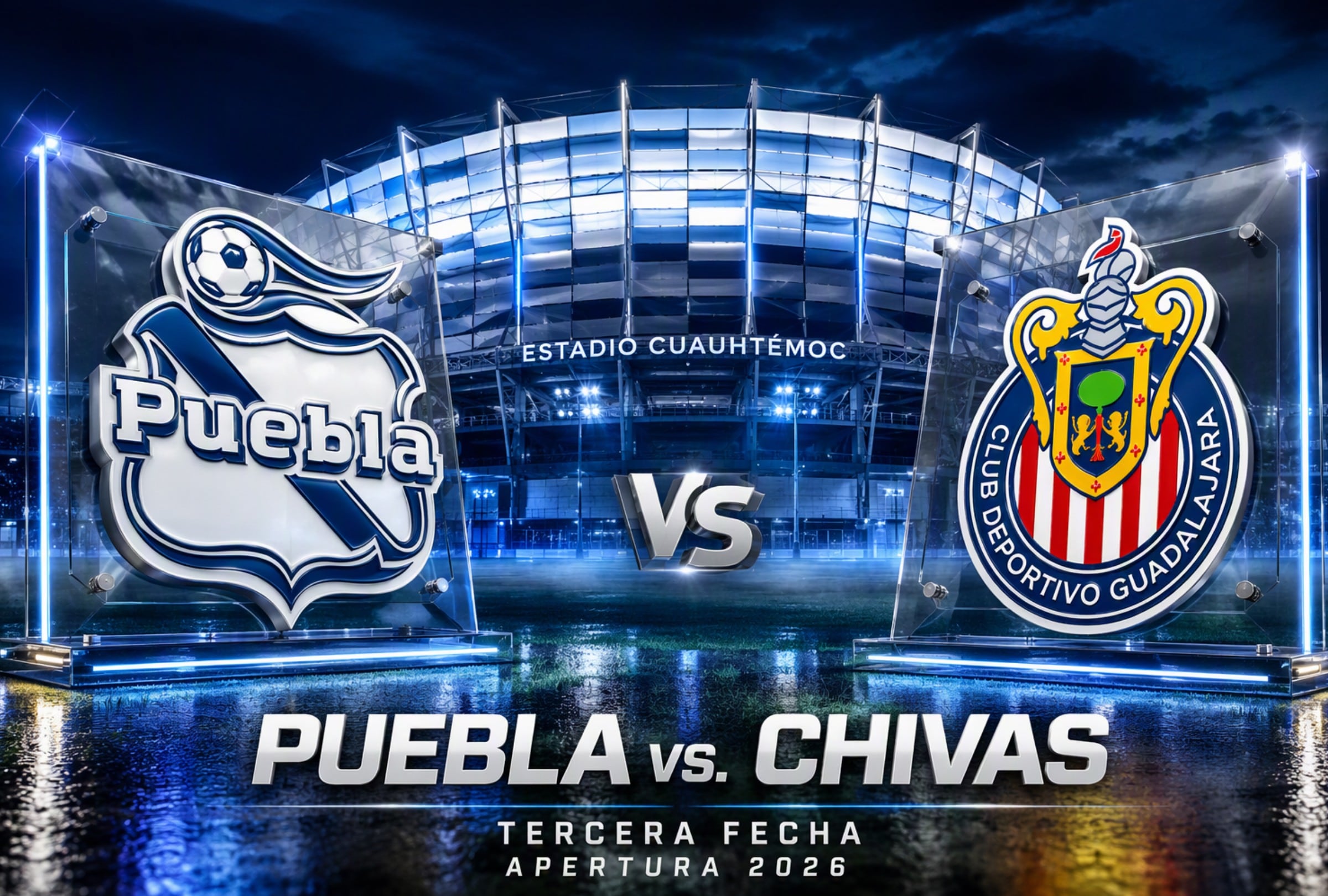 PUEBLA DE ZARAGOZA, PUEBLA, (MÉXICO), 31/07/2026.- Horarios y canales para ver EN VIVO el partido de Puebla vs. Chivas por la tercera fecha del Apertura de la Liga MX que se realizará en el Estadio Cuauhtémoc de Puebla, México. FOTO: Imagen creada por IA de Copilot.