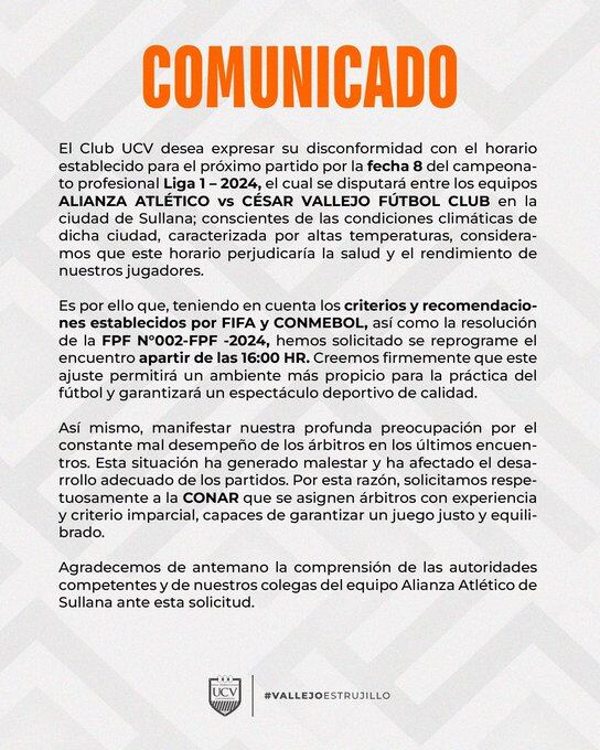 Comunicado de la César Vallejo respecto al horario de su partido en Sullana y el arbitraje en la Liga 1. (Imagen: César Vallejo)