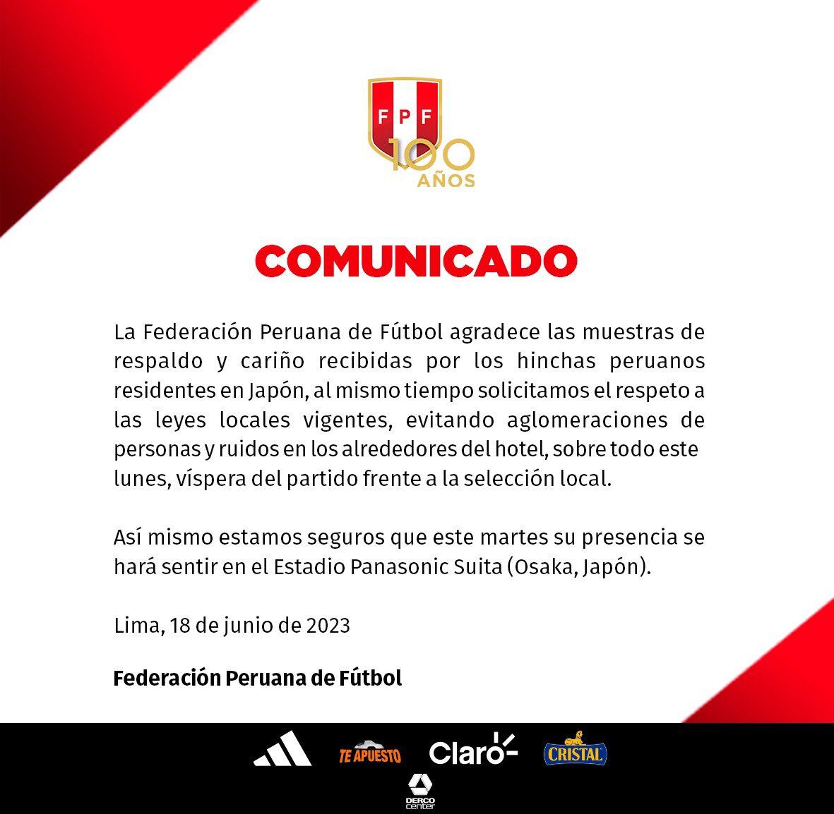Comunicado de la FPF en la previa del partido ante Japón. (Foto: FPF)