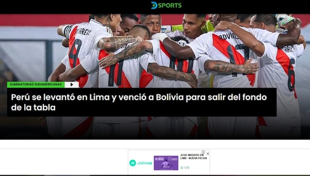 La reacción de la prensa internacional al triunfo de Perú sobre Bolivia. (Imagen: Captura)