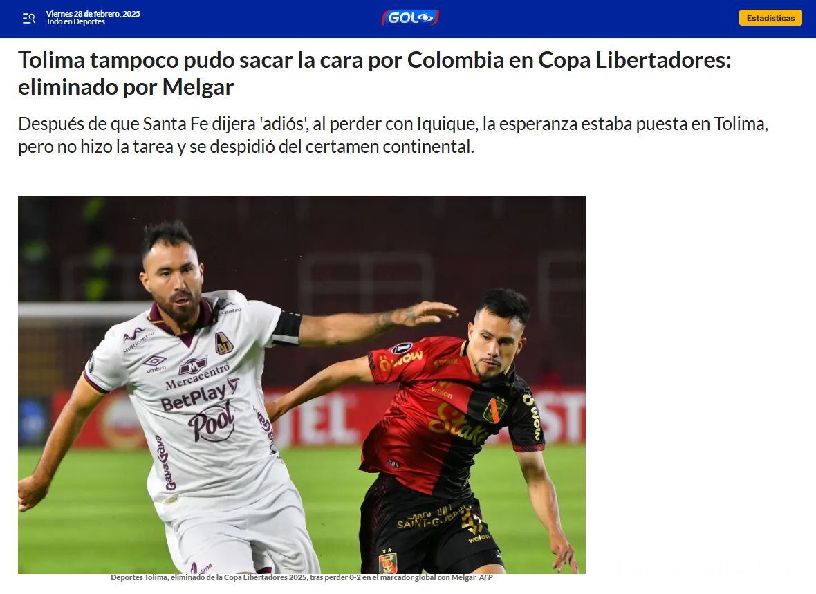 Prensa colombiana habló sobre eliminación de Tolima ante Melgar. (Foto: Gol Caracol)