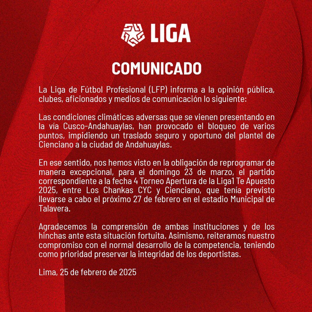 Comunicado de la LFP sobre la reprogramación del partido entre Los Chankas y Cienciano.