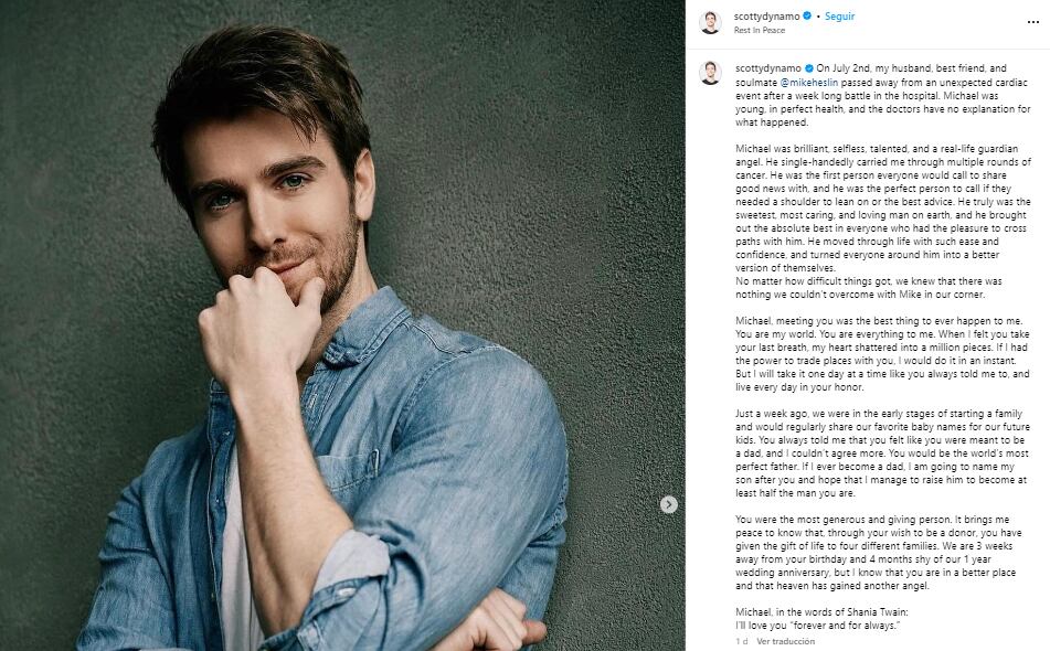 El comunicado del fallecimiento de Mike Heslin realizado por su esposo (Foto: Scott Dynam / Instagram)