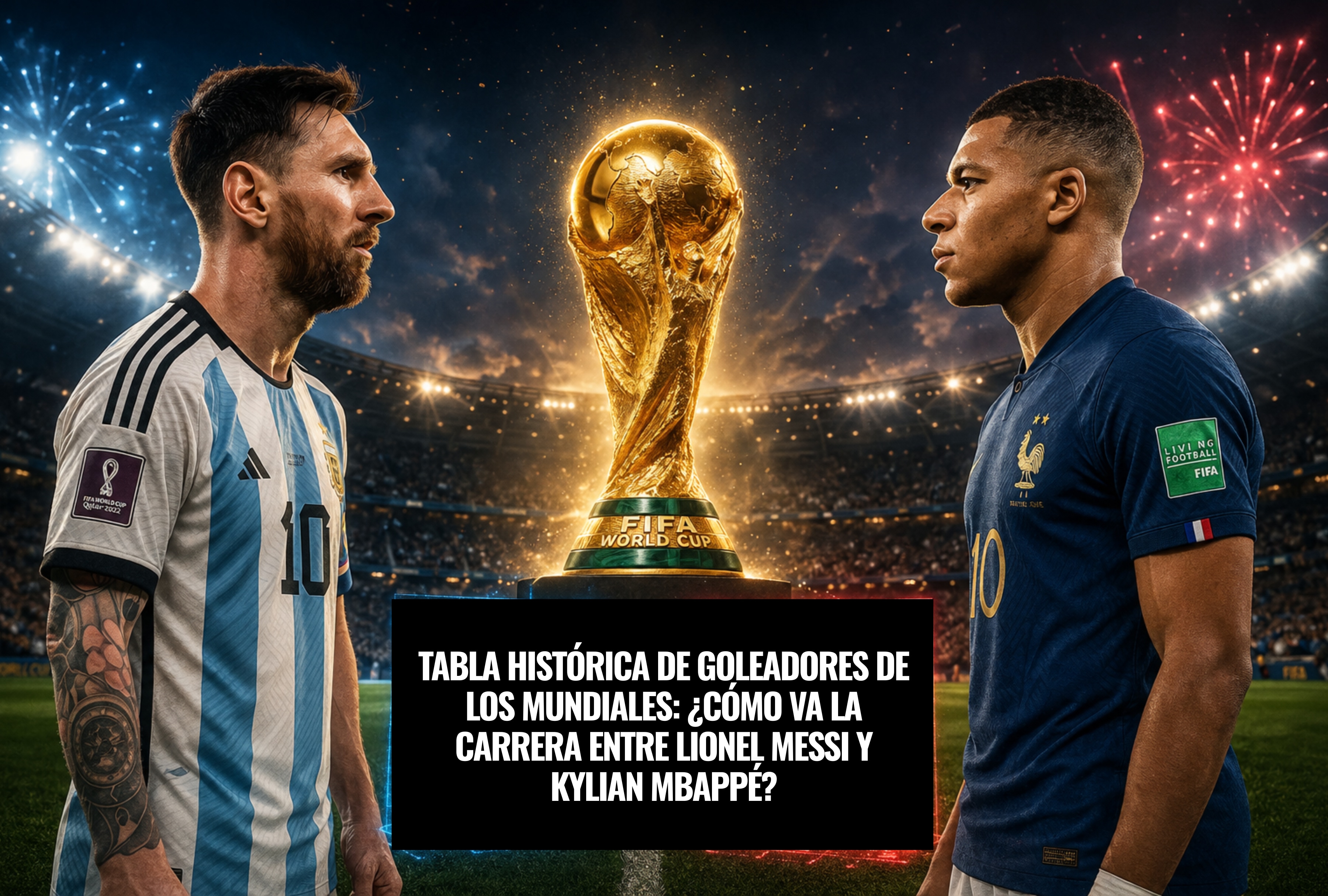 Lionel Messi y Kylian Mbappé compiten en la cima del fútbol internacional. Revise cómo va la carrera en la tabla histórica de goleadores de los Mundiales tras las recientes anotaciones de ambas estrellas mundiales. | Imagen creada por Depor utilizando la IA de Gemini / Composición GEC