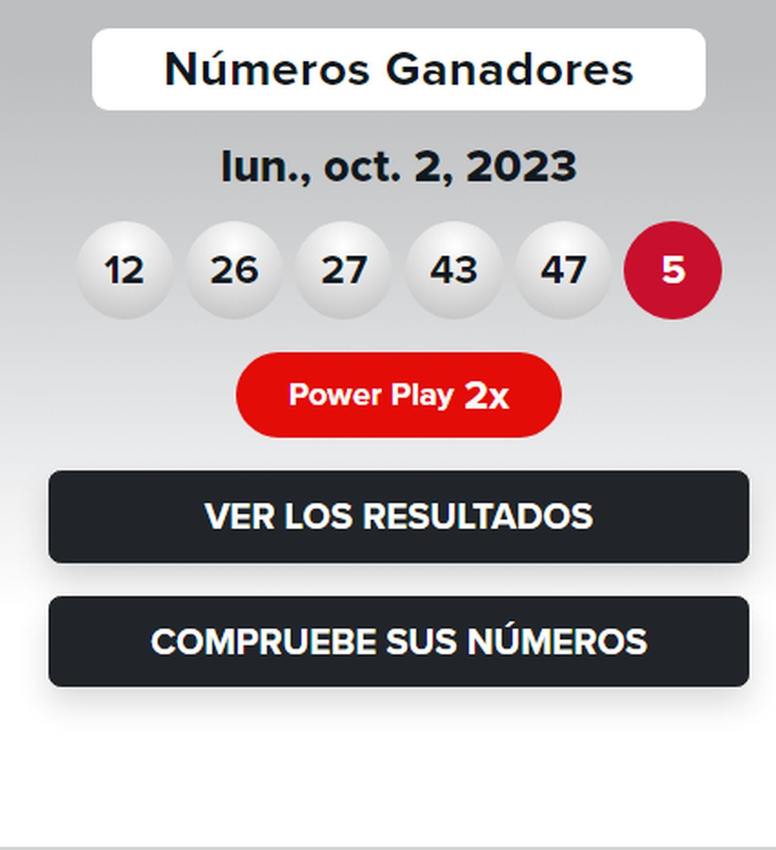 Números ganadores del sorteo del 2 de octubre de la lotería Powerball (Foto: Powerball)