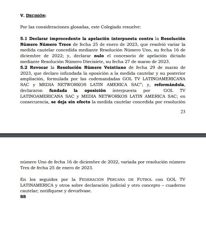 Resolución de la Corte Superior de Justicia de Lima sobre la medida cautelar de la FPF. (Imagen: Difusión)