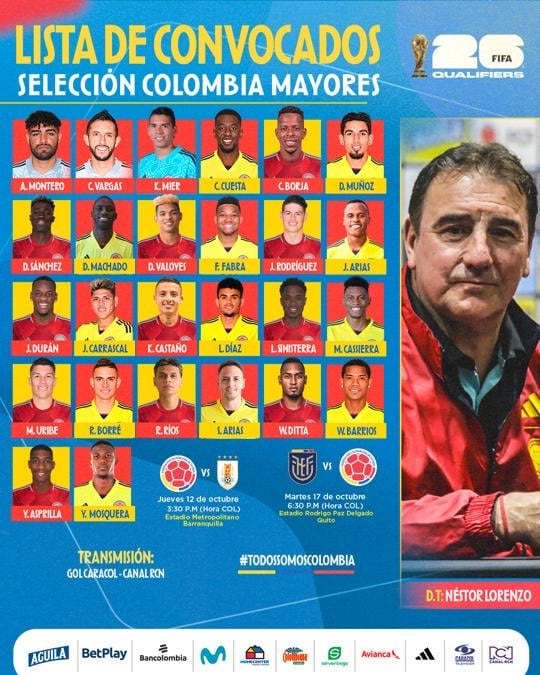 Convocados de la selección de Colombia. (Foto: Selección de Colombia)