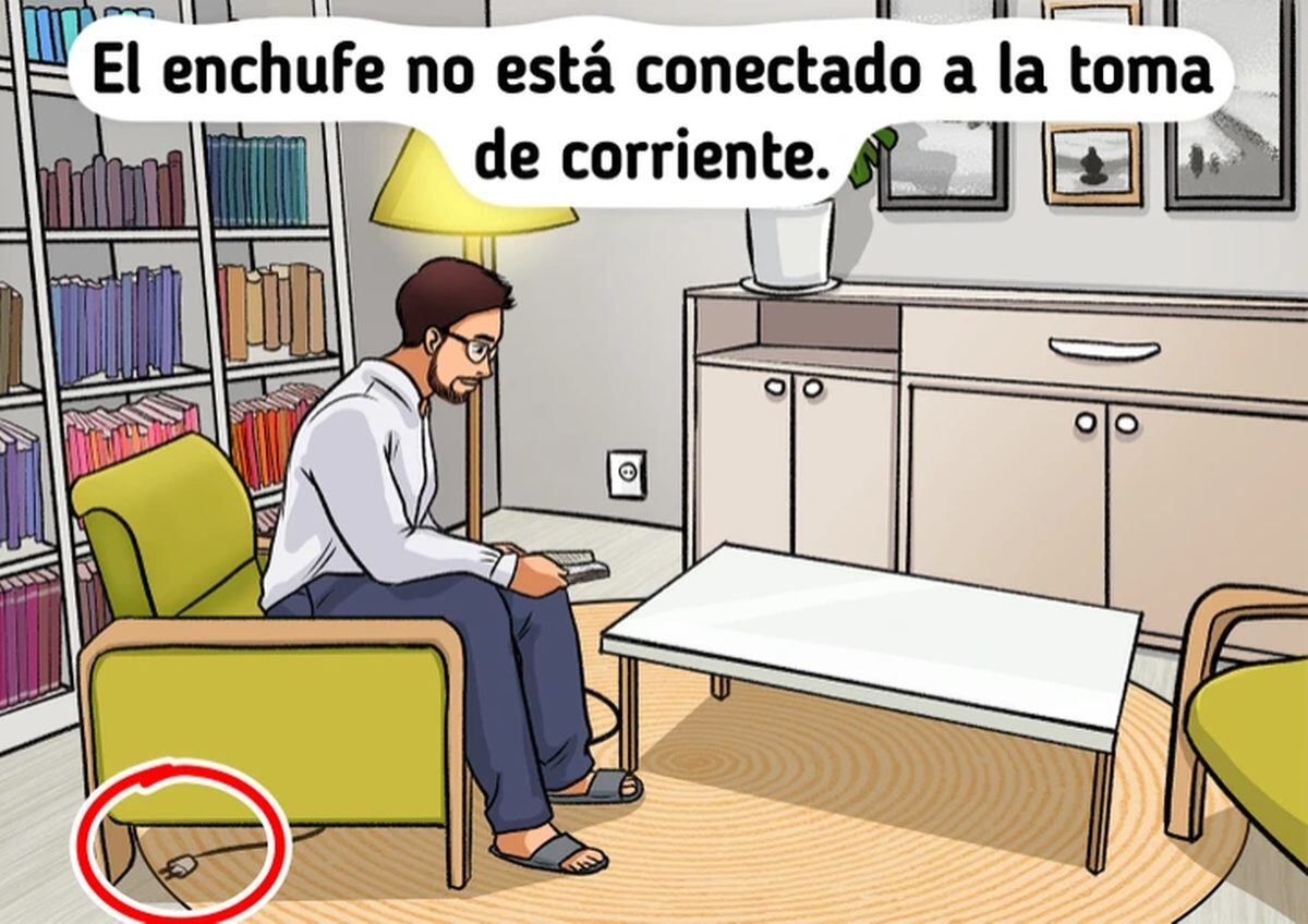 RETO VIRAL | En esta imagen se indica cuál es el error en la escena de un hombre leyendo un libro mientras está sentado en un sofá ubicado en la sala de su casa. (Foto: genial.guru)