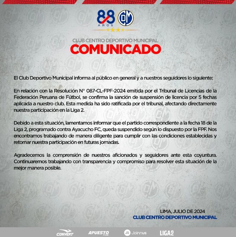 Comunicado de Deportivo Municipal sobre la suspensión de licencia. (Foto: Municipal)