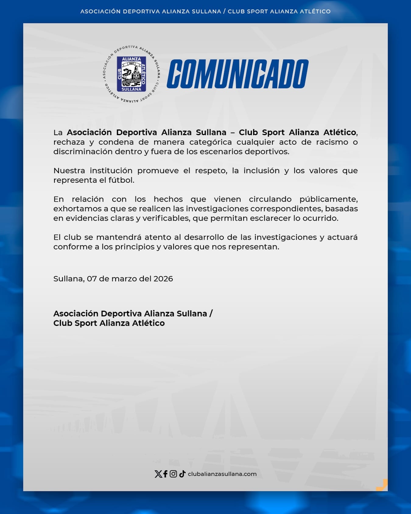 El comunicado de Alianza Atlético sobre la denuncia en contra de Franco Coronel. (Imagen: Alianza Atlético)