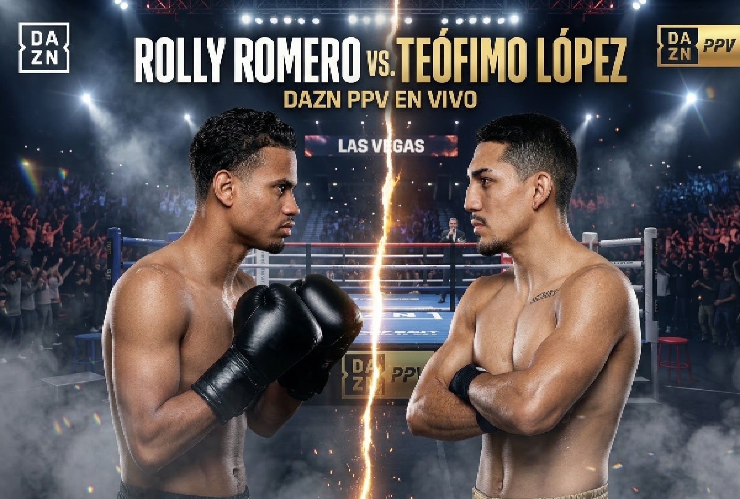Las Vegas, Nevada, Estados Unidos, (22-08-2026).- DAZN PPV te llevará EN VIVO Teófimo López vs. Rolly Romero que se realizará en el T-Mobile Arena de Las Vegas. FOTO: Imagen creada por la IA de Gemini.