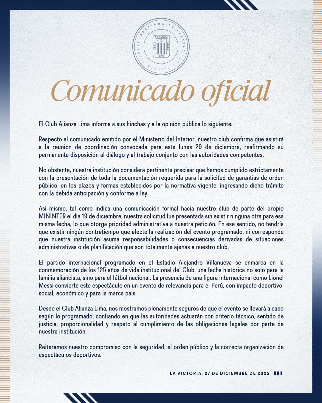 Alianza Lima se planta ante el MININTER: el firme descargo del club para asegurar la llegada de Messi