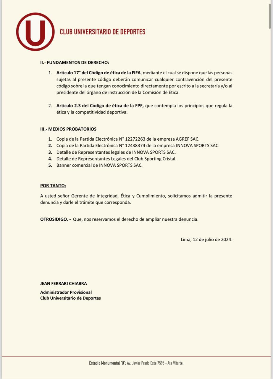 Universitario denunció a Joel Raffo ante Comisión de Ética. (Foto: Universitario)