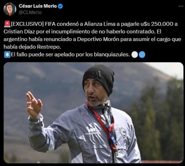 La información sobre el caso Cristian Díaz vs Alianza Lima revelada por el periodista César Luis Merlo.