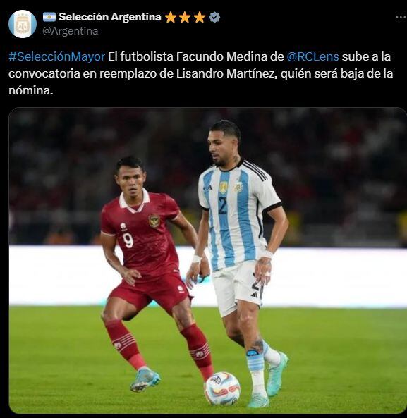 Argentina anunció la convocatoria de emergencia de Facundo Medina. (X)
