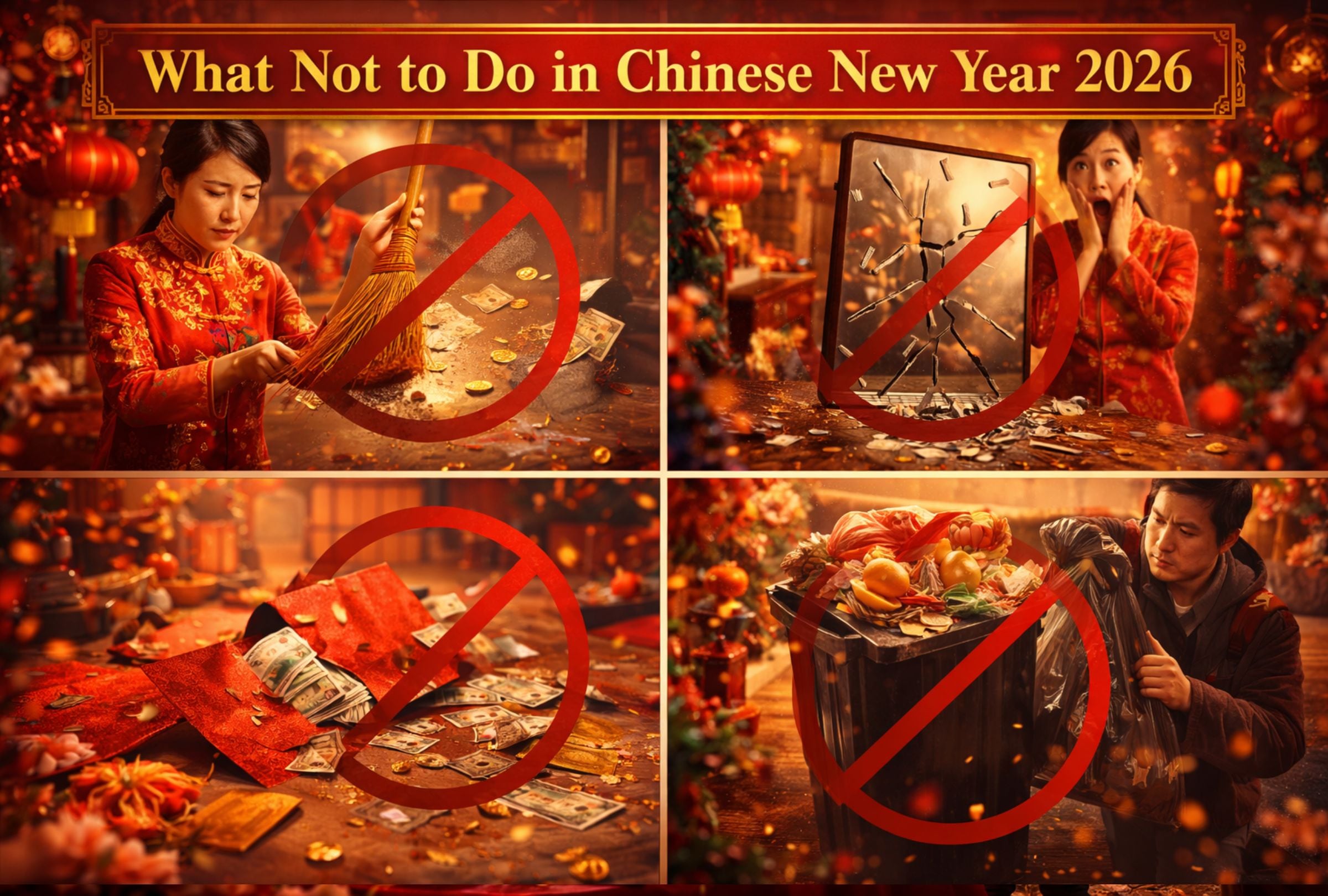 Key taboos to avoid on the first day of Chinese New Year 2026, the Year of the Fire Horse, to protect your luck, health, and prosperity. (Photo: Image created by Depor using ChatGPT AI)