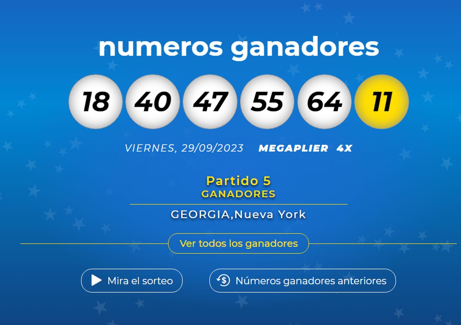 Los resultados del sorteo del 29 de septiembre (Foto: Mega Millions)