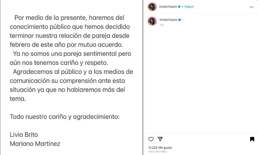 La actriz de telenovelas aclaró su situación sentimental con el productor Mariano Martínez (Foto: Livia Brito / Instagram)