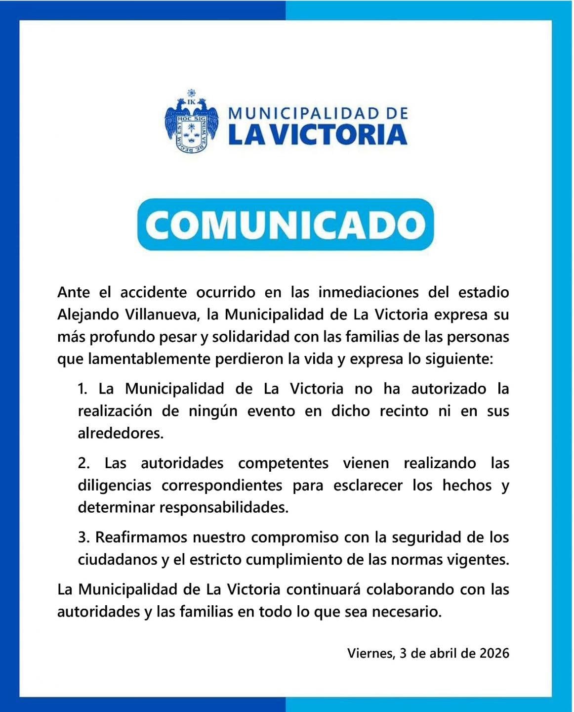Comunicado de la Municipalidad de La Victoria.