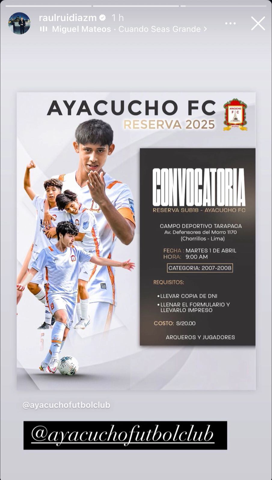 El delantero promocionó las convocatorias para la reserva de Ayacucho FC. (Foto: @raulruidiazm)