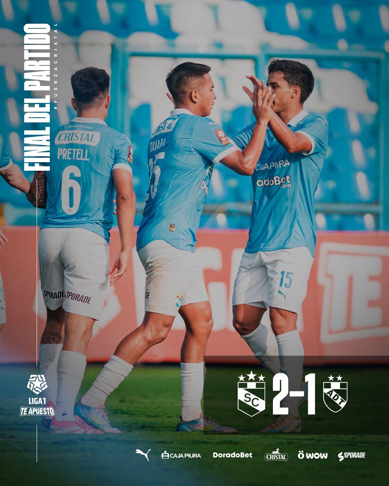 Sporting Cristal derrotó 2-1 a ADT y quedó, de momento, a un punto del líder Universitario de Deportes. (Foto: @ClubSCristal)