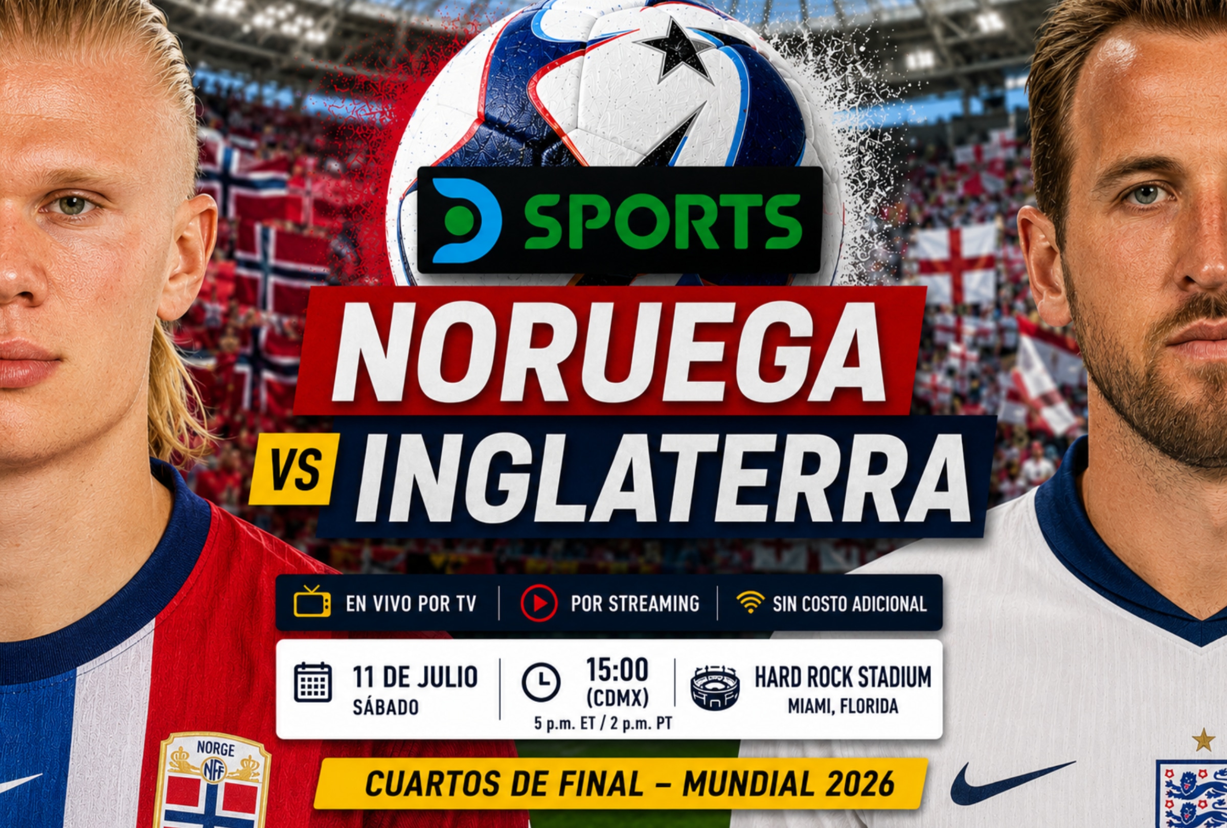 MIAMI, FLORIDA (ESTADOS UNIDOS), 11/07/2026.- Cobertura oficial de DIRECTV Sports (DGO) EN VIVO ONLINE para ver el partido Noruega vs. Inglaterra hoy por los cuartos de final del Mundial 2026 en el Hard Rock Stadium de Miami, Florida. FOTO DE NOÉ YACTAYO