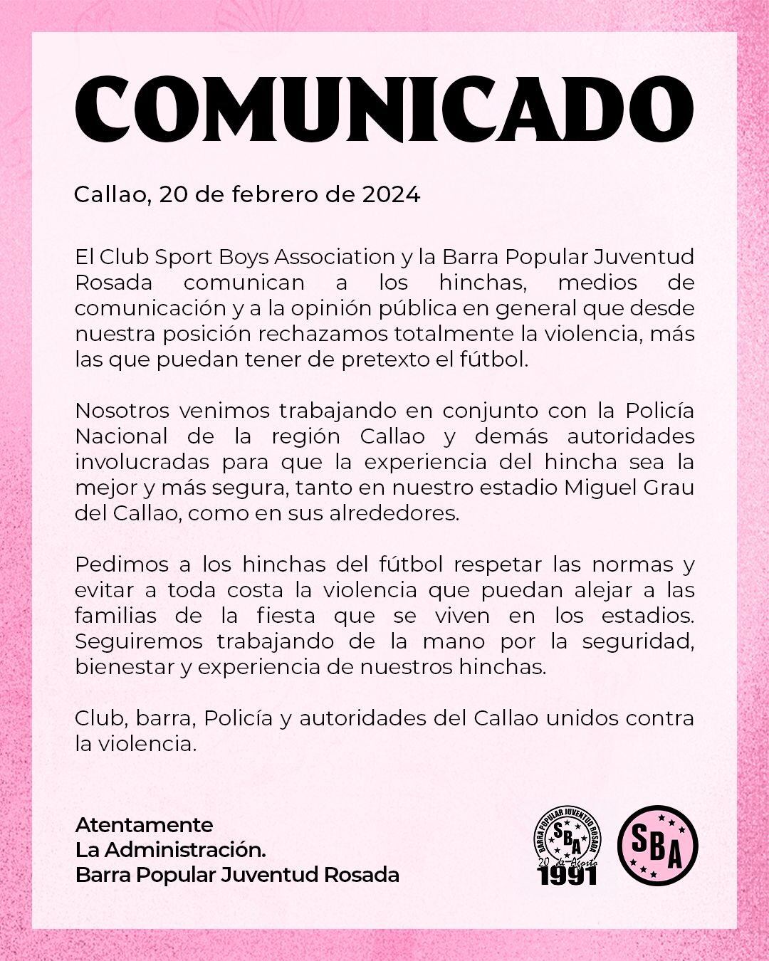Sport Boys y su comunicado, tras los actos de violencia entre barristas de Universitario y Alianza Lima. (Foto: Twitter)