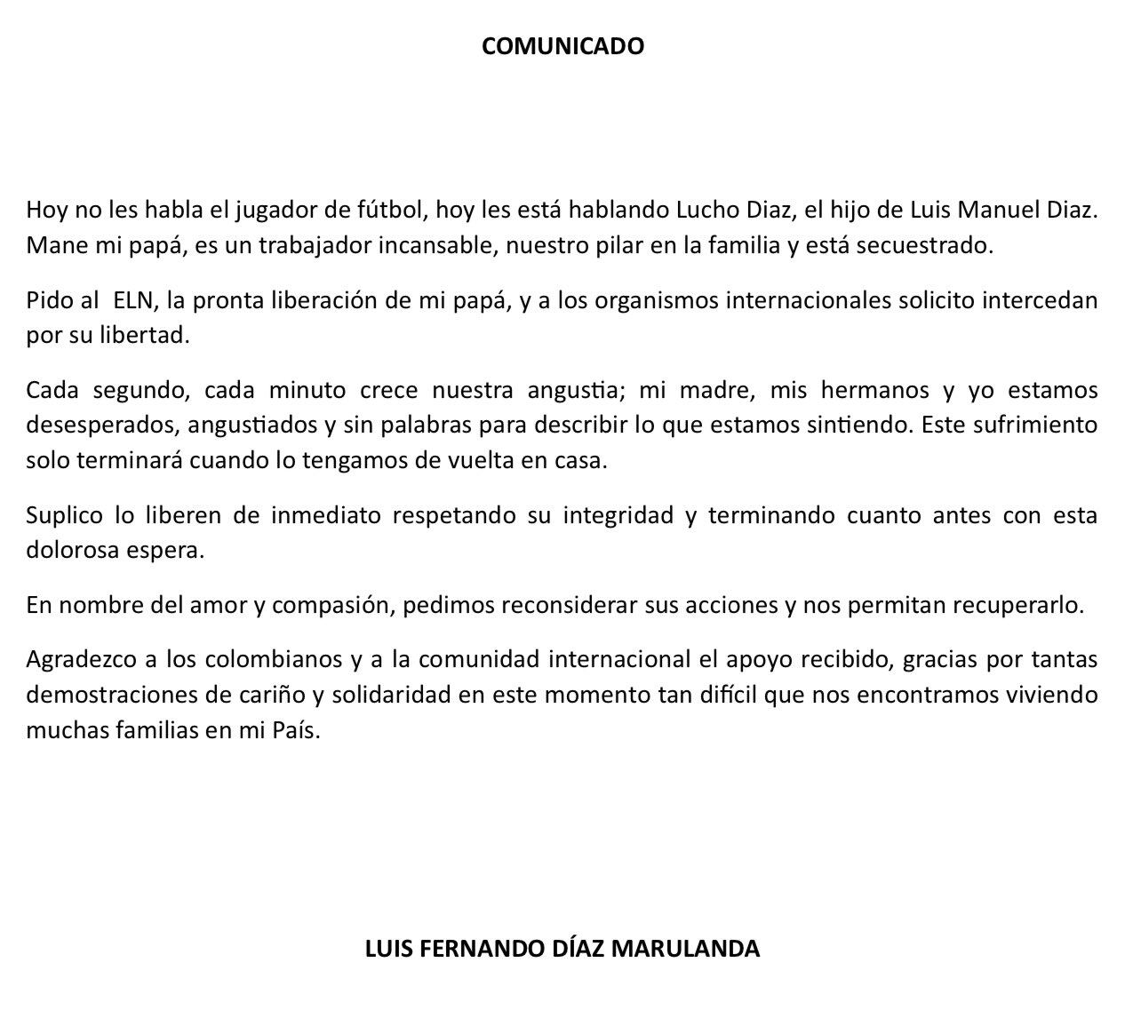 Comunicado de Luis Díaz sobre el secuestro de su padre. (Foto: Twitter)