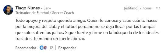 El comentario de apoyo de Tiago Nunes a Joel Raffo. (Linkedin)
