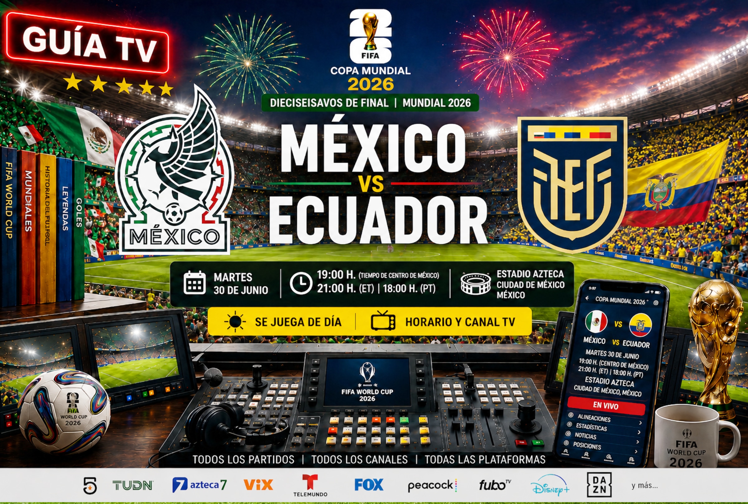 CIUDAD DE MÉXICO, CDMX (MÉXICO), 30/06/2026.- Lista de canales de televisión y servicios streaming que transmiten el partido México vs. Ecuador EN VIVO GRATIS este martes 30 de junio por los dieciseisavos de final del Mundial 2026 en el Estadio Azteca de la Ciudad de México. FOTO DE NOÉ YACTAYO