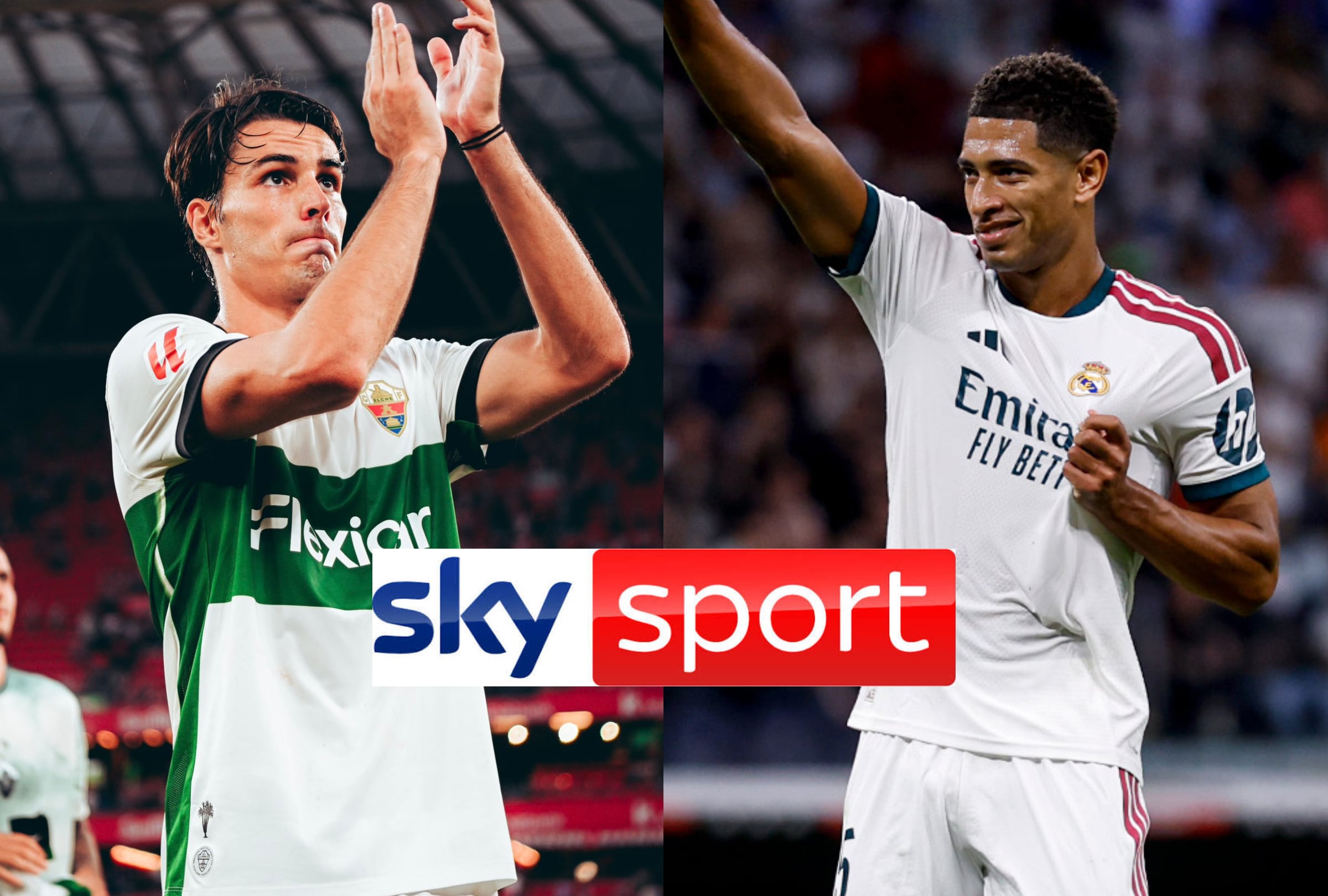 Señal de Sky Sports EN VIVO para ver la transmisión de Real Madrid vs. Elche EN DIRECTO, este martes 15 de septiembre, desde el Estadio Martínez Valero. (Foto: Imagen creada por El Comercio MAG / @elchecf / @realmadridcf)