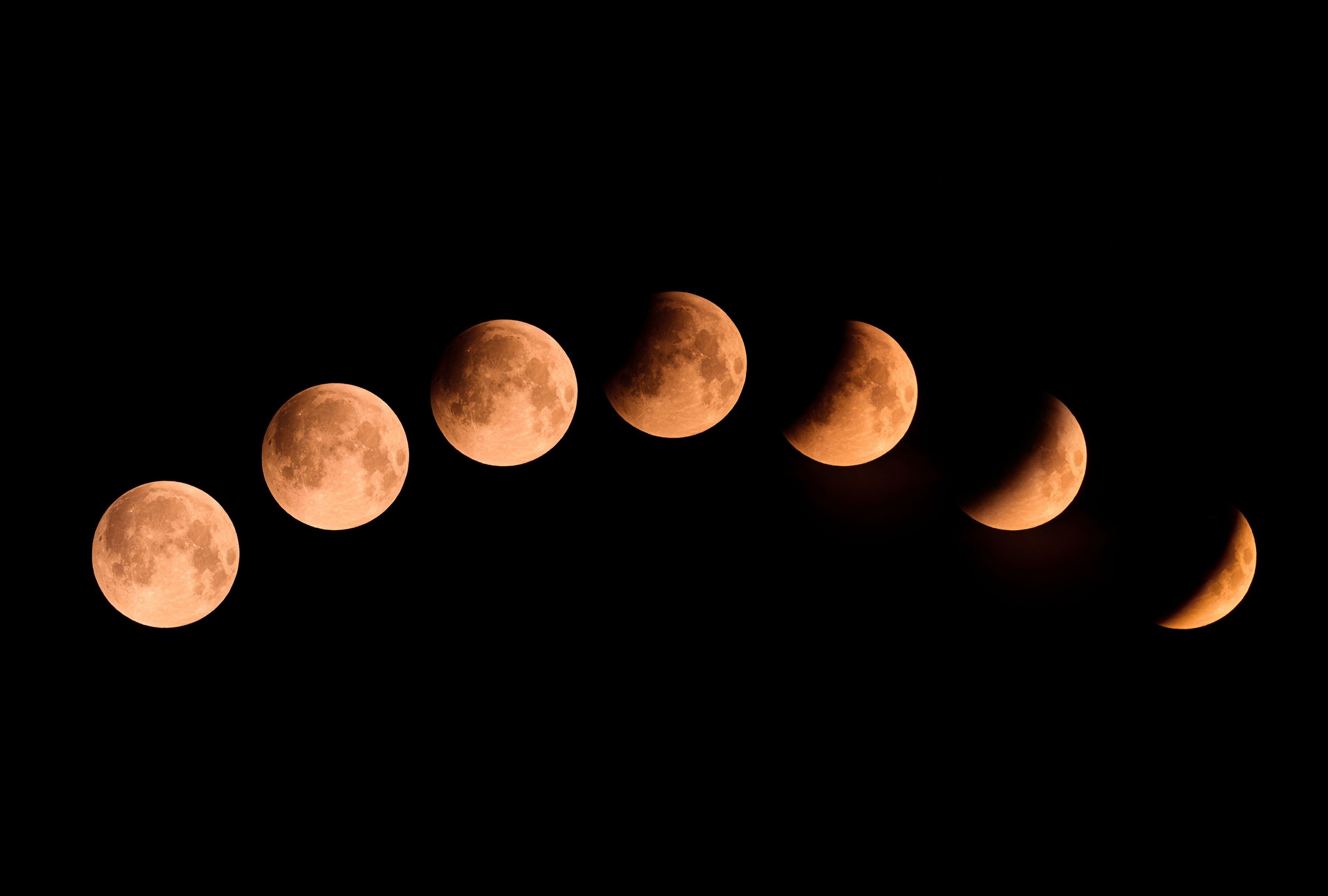 Total Lunar Eclipse: A composite image of the phases of a lunar eclipse. (Photo by: joningall/iStock)