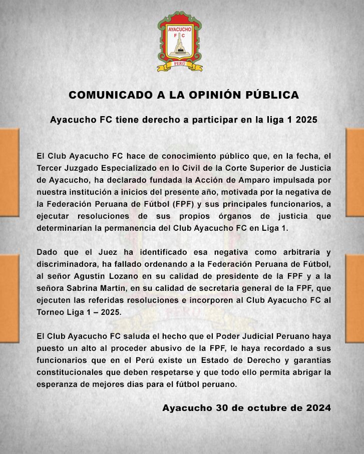 Comunicado de Ayacucho FC sobre su presencia en la Liga 1 en el 2025. (Foto: @fc_ayacucho).