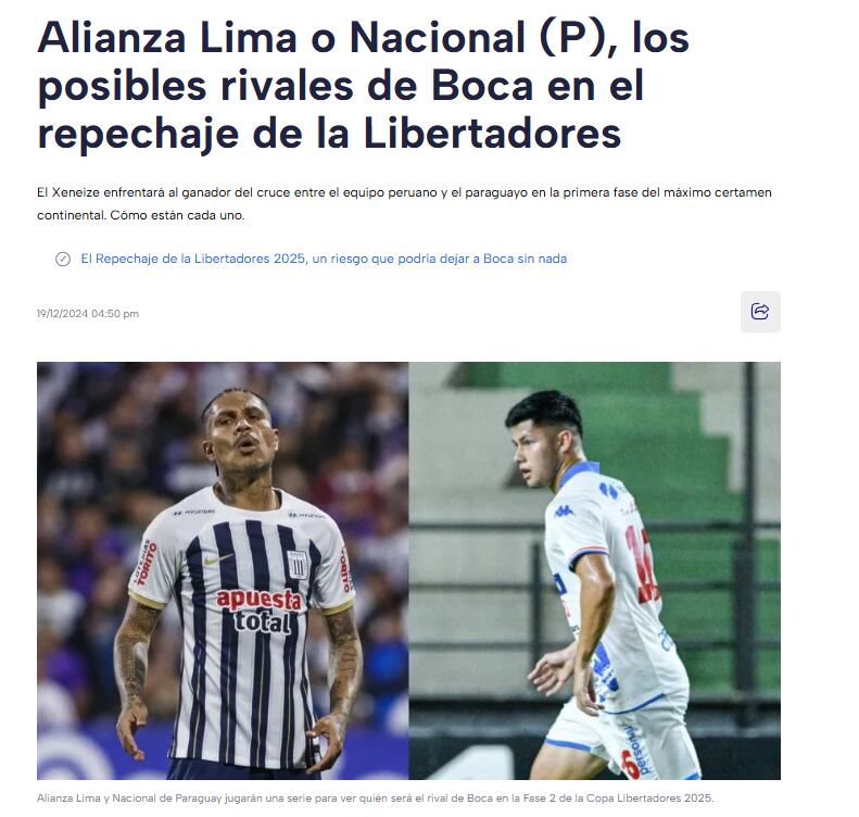 Publicación de TyC Sports sobre la posibilidad de que Alianza Lima sea rival de Boca Juniors. (Captura)